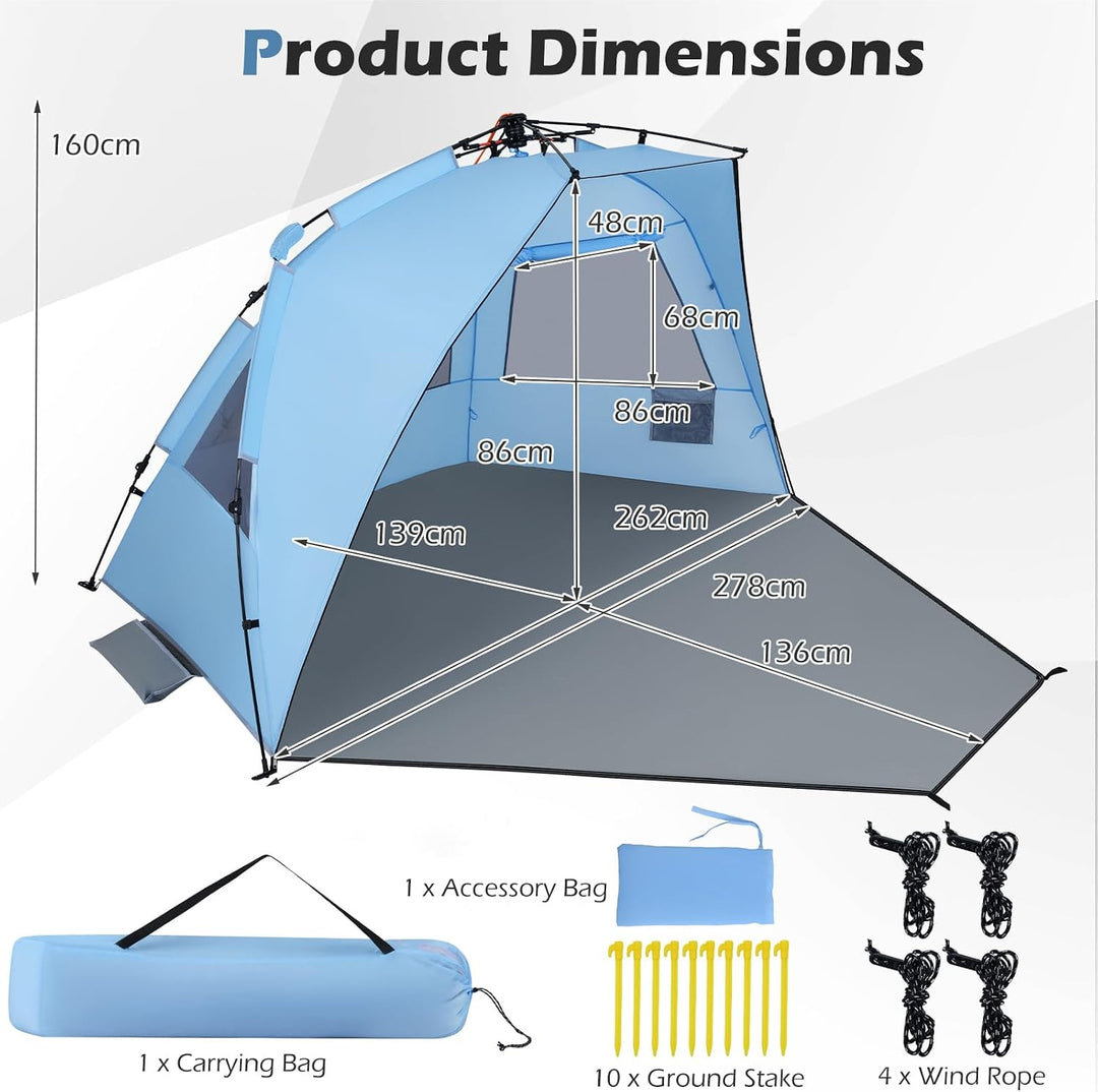 FANTASK Quick Up Strandmuschel, 3-4 Personen Strandzelt mit Reissverschlusstür &amp; 4 Mesh-Fenstern, V-