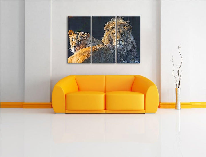 schönes Löwenpaar Spezial 3-Teiler Leinwandbild 120x80 Bild auf Leinwand, XXL riesige Bilder fertig