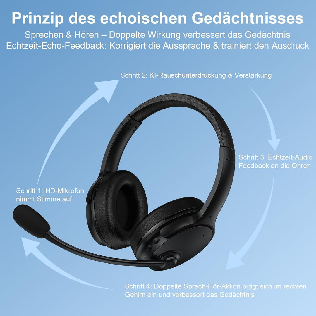 Memory-Lern-Kopfhörer, Bluetooth 5.3 mit Echtzeit-Echo für Leseübungen, Sprachtraining & Multisensor