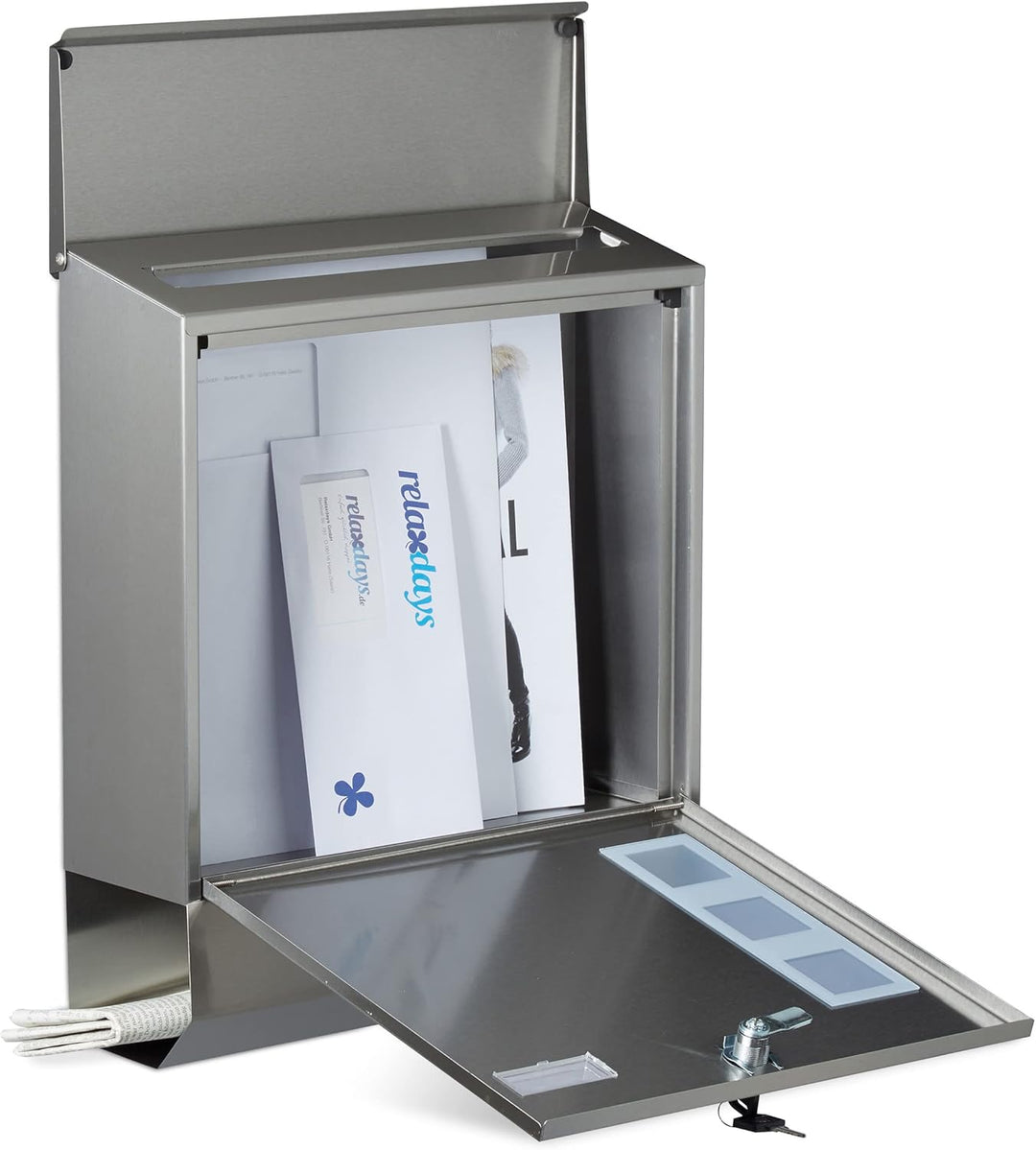 Relaxdays Briefkasten Edelstahl mit Zeitungsfach, Namensschild, Sichtfenster, HxBxT: 42 x 35 x 12,5