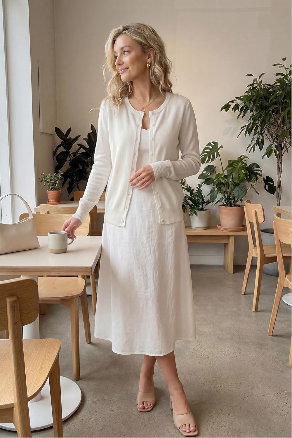 VOTEPRETTY Leichter Strickjacke Damen Cardigan Kurzarm/Langarm Sommer Solid Top Langarm S Beige, Lan