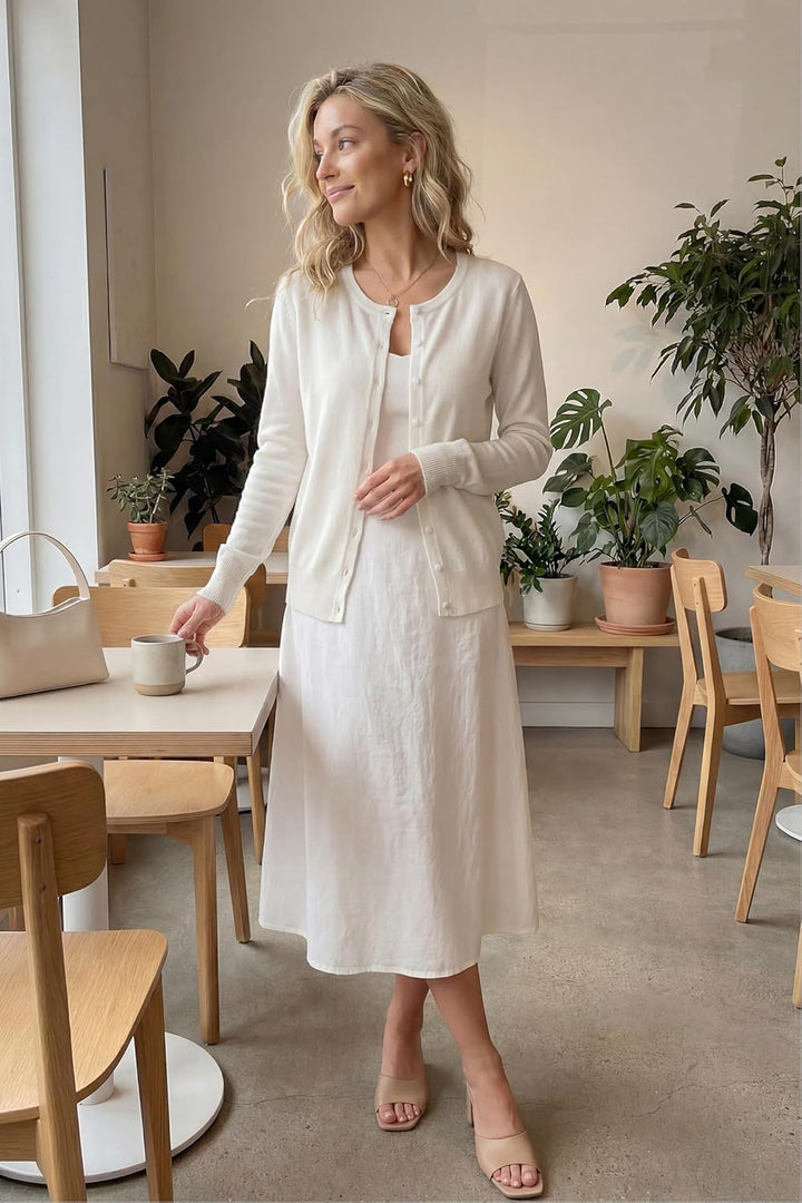 VOTEPRETTY Leichter Strickjacke Damen Cardigan Kurzarm/Langarm Sommer Solid Top Langarm S Beige, Lan