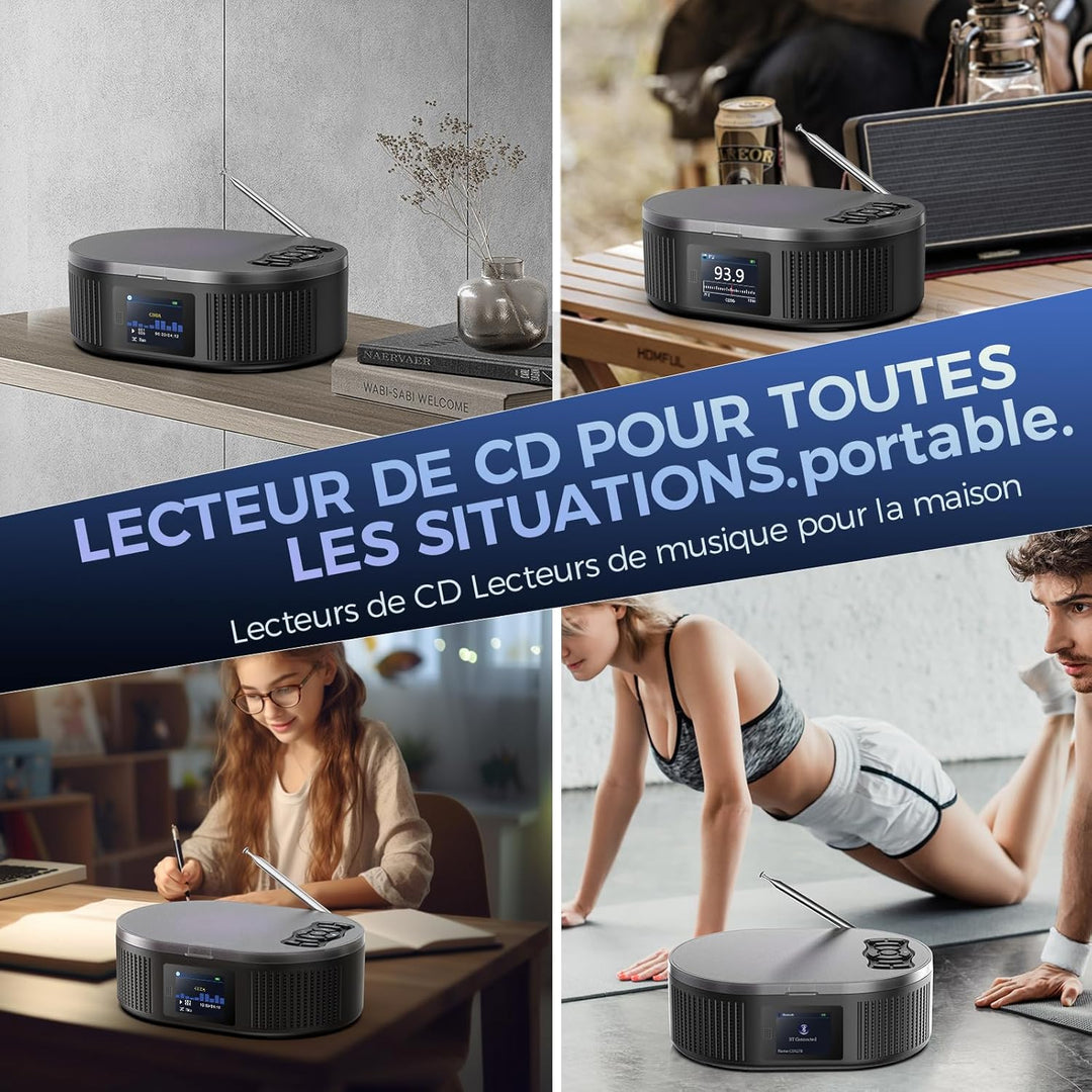Desobry Tragbarer CD-Player mit Bluetooth, Grossem LCD-Display, Akku, Lautsprecher, AUX, USB, UKW-Ra