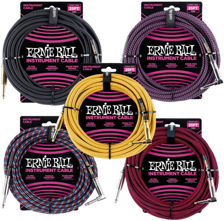 Ernie Ball Instrumentenkabel geflochten, gerade/gewinkelt, 7,62 m, Schwarz Neon-gelb 7,6 m Gerade/Ge