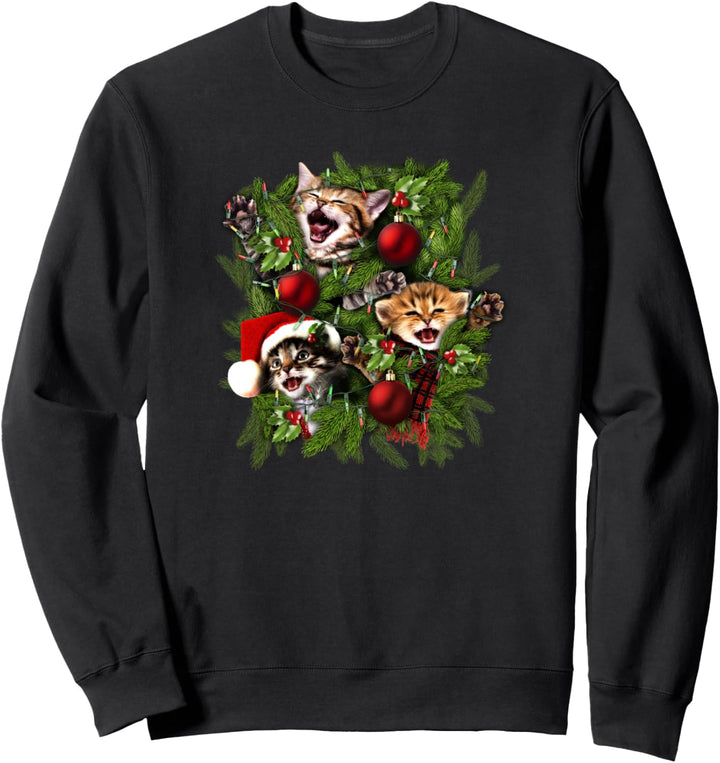 Christmas Vintage Kitten Tree Holiday Wreath Portrait Sweatshirt