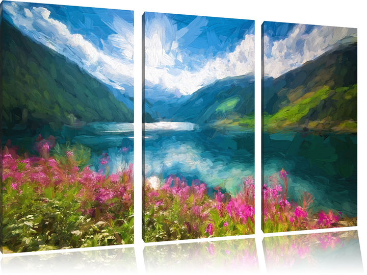 Pixxprint Blumenwiese am Bergsee Pinsel Effekt 3-Teiler Leinwandbild 120x80 Bild auf Leinwand