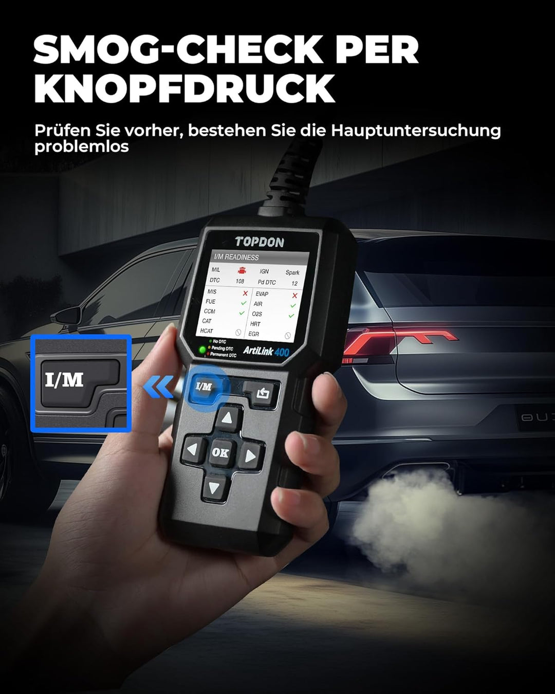 TOPDON AL400 OBD2 Diagnosegerät, 10 OBD2 Modi, One Touch I/M Bereitschaftstaste, lebenslange Updates