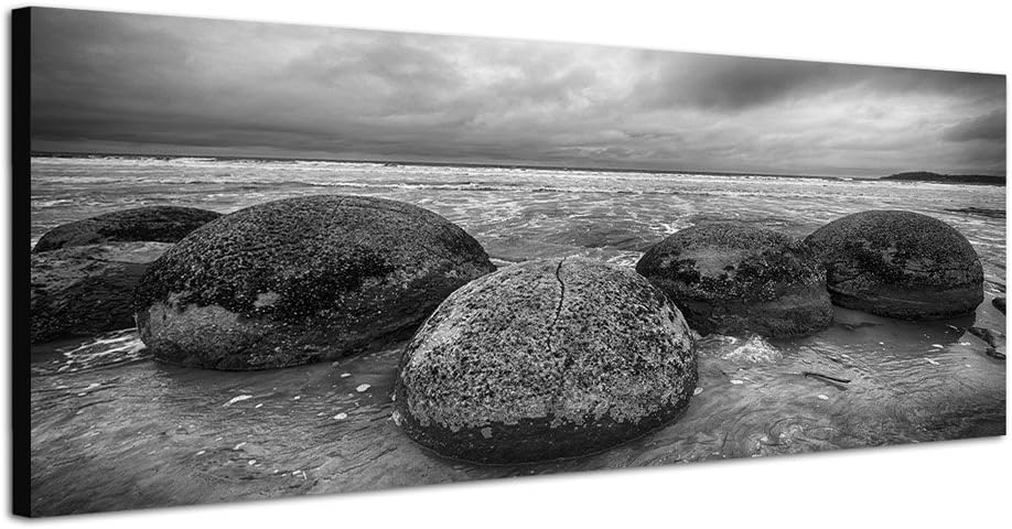 Paul Sinus Art Panoramabild auf Leinwand und Keilrahmen 150x50cm Neuseeland Steine Meer Strand schwa