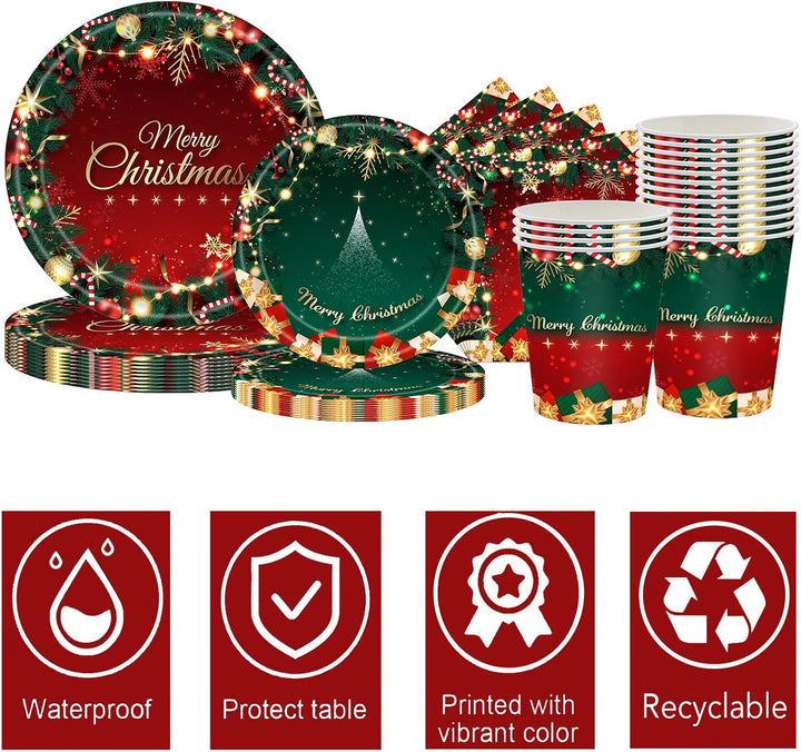 Weihnachtspapier Partygeschirr Set,70 Stück Rot Grün Weihnachtskranz Pappteller Becher, Servietten T