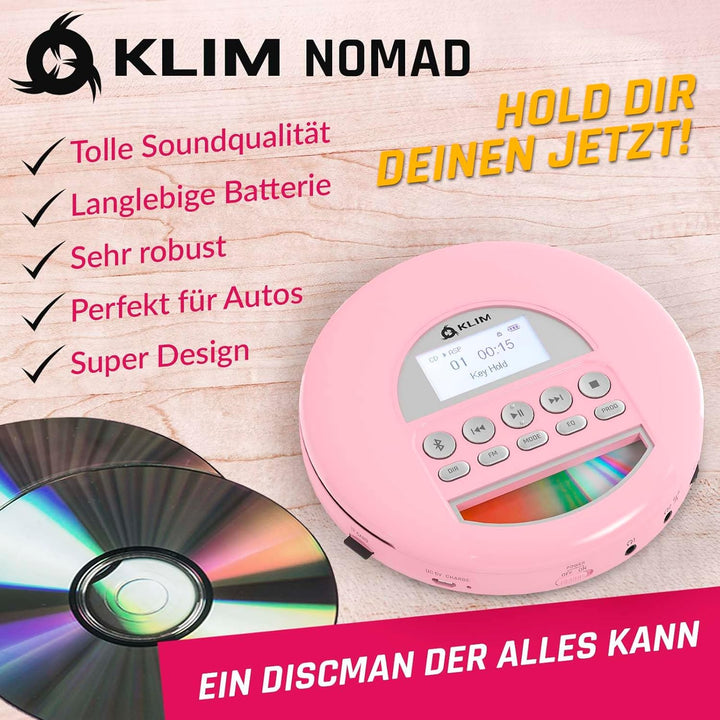 KLIM Nomad CD Player Bluetooth - Tragbarer CD-Player Discman mit langlebigem Akku - Inklusive Kopfhö