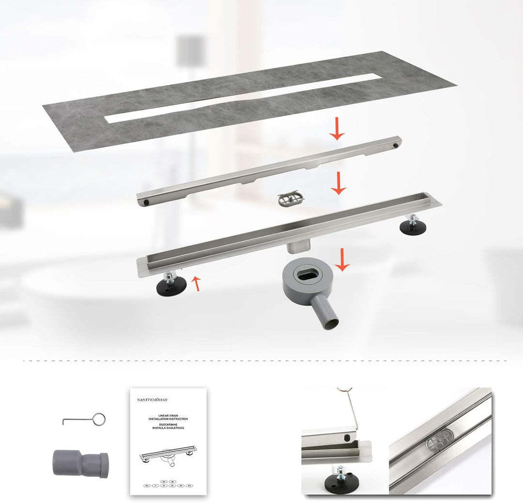 SaniteModar Duschrinne 50cm, Siphon mit Geruchsstop und Haarfilter, schlankes Auslaufrohr. Die Dusch