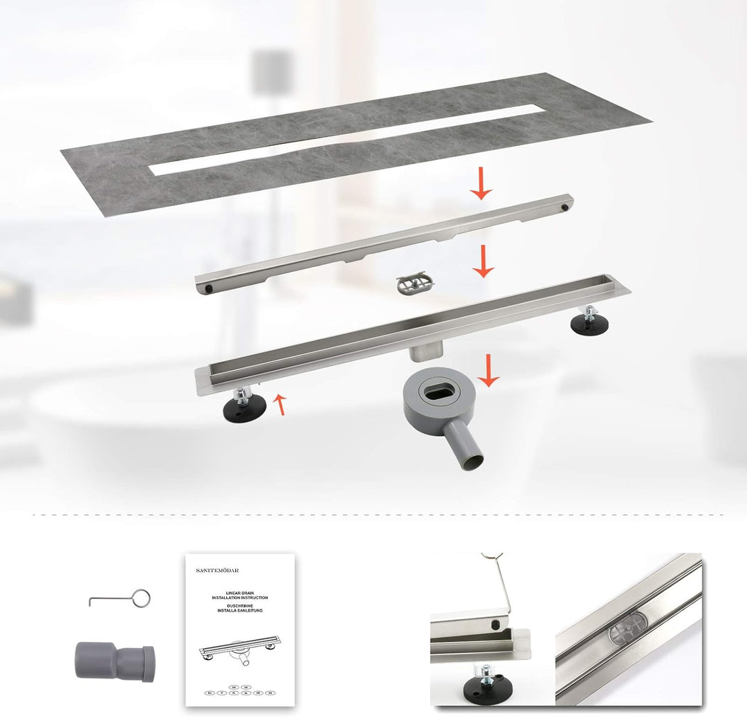 SaniteModar Duschrinne 60cm, Siphon mit Geruchsstop und Haarfilter, schlankes Auslaufrohr. Die Dusch