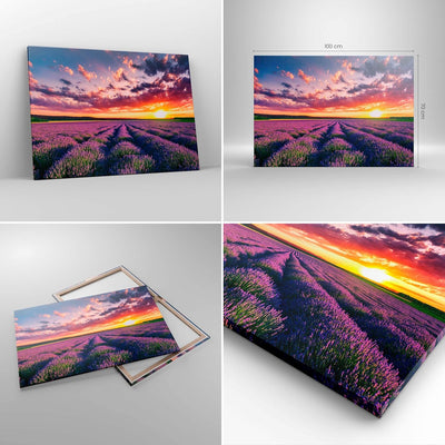 Bilder auf Leinwand 100x70cm Leinwandbild mit Rahmen Lavendel Berge Feld Gross Wanddeko Bild Schlafz