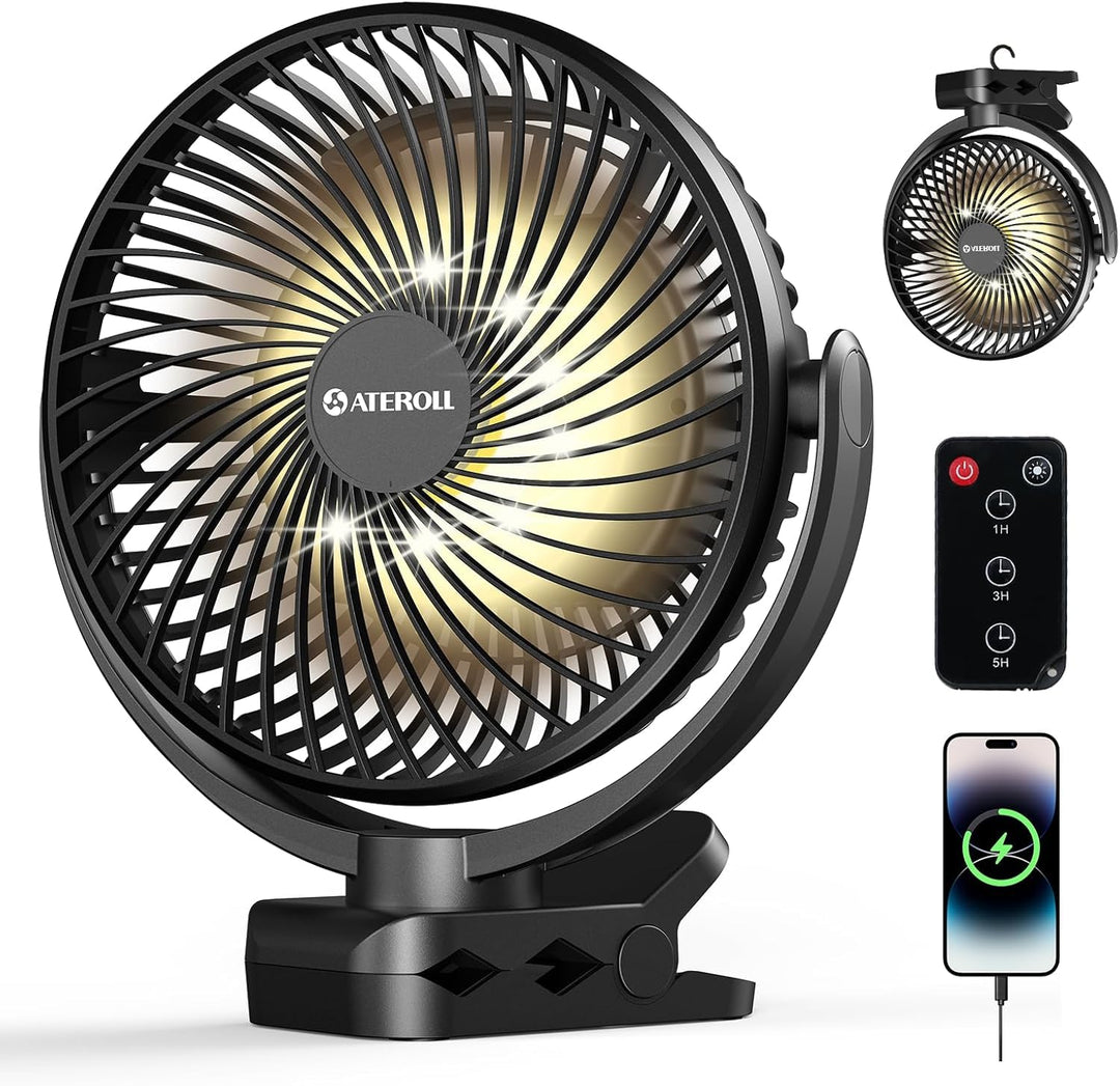 10000mAh Clip-On Ventilator mit Fernbedienung,3 Geschwindigkeiten USB Ventilator Akku mit Timer&LED-