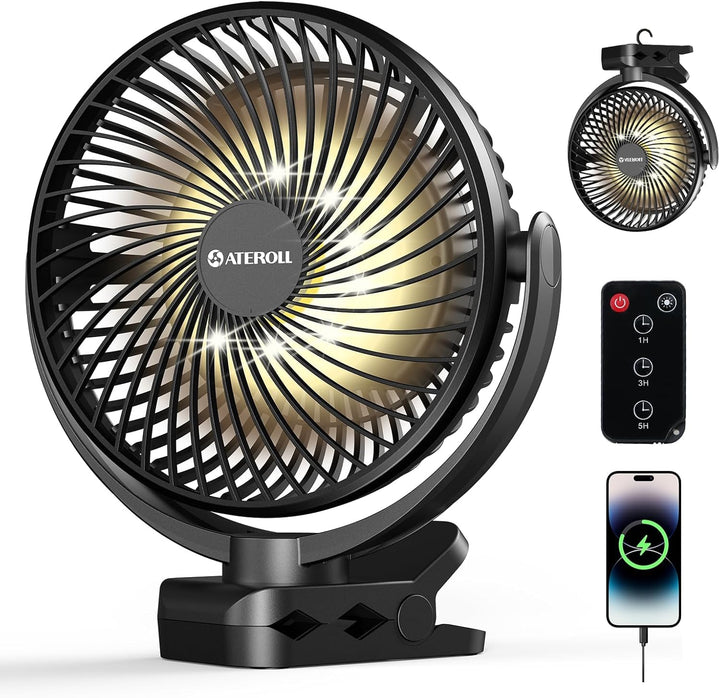 10000mAh Clip-On Ventilator mit Fernbedienung,3 Geschwindigkeiten USB Ventilator Akku mit Timer&LED-
