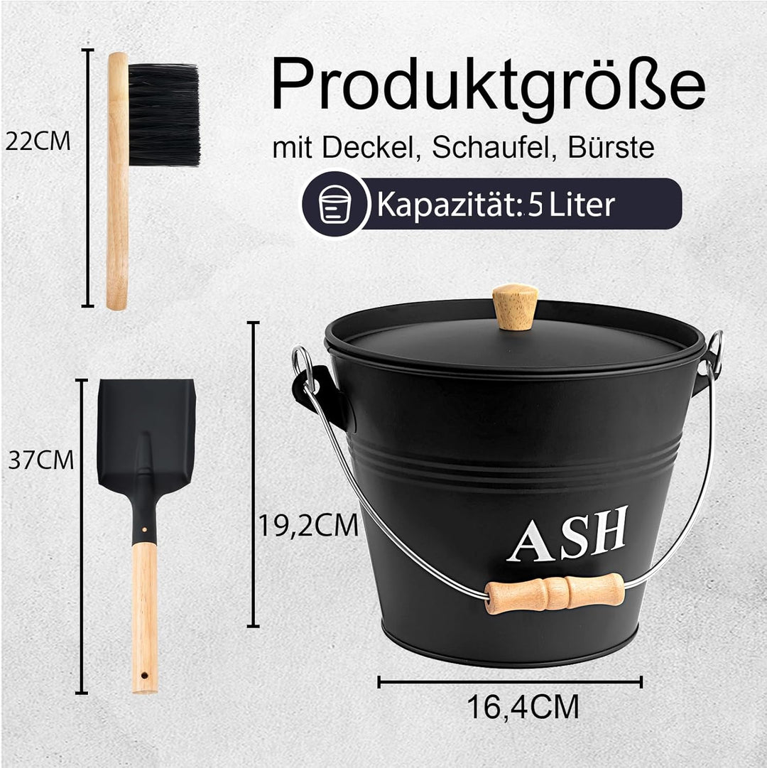Ascheeimer mit Deckel 5 Liter, Reinigungsbürste, Schaufel,Zubehör für Kamine, Feuerstellen und Holzh