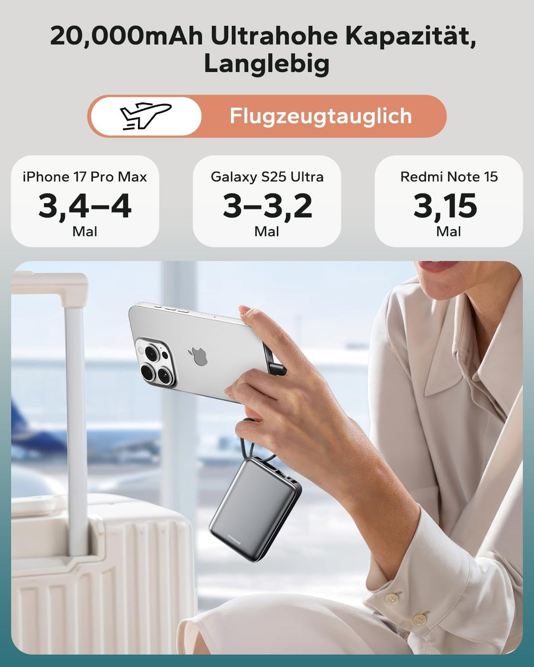 Eazpower Powerbank 20,000mAh 45W Schnellladefunktion mit Integriertem USB-C Kabel, Externe Handyakku