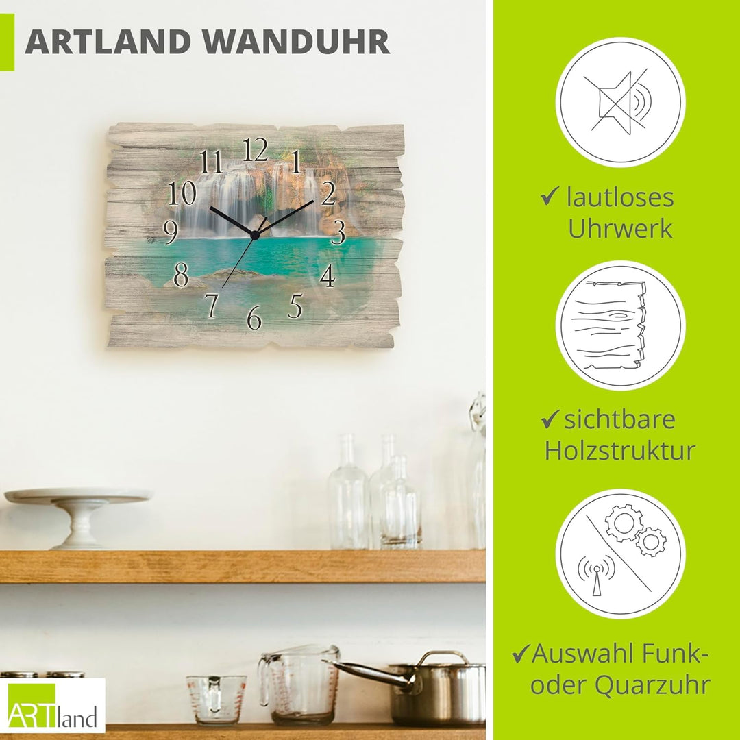 ARTLAND Wanduhr ohne Tickgeräusche aus Holz Quarzuhr 40x30 cm Rechteckig Lautlos Wasserfall Landscha