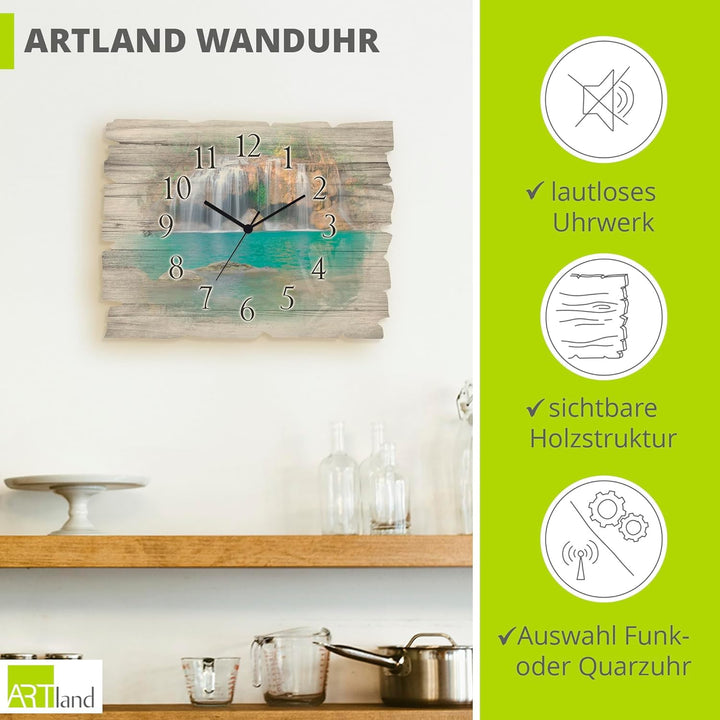 ARTLAND Wanduhr ohne Tickgeräusche aus Holz Quarzuhr 40x30 cm Rechteckig Lautlos Wasserfall Landscha