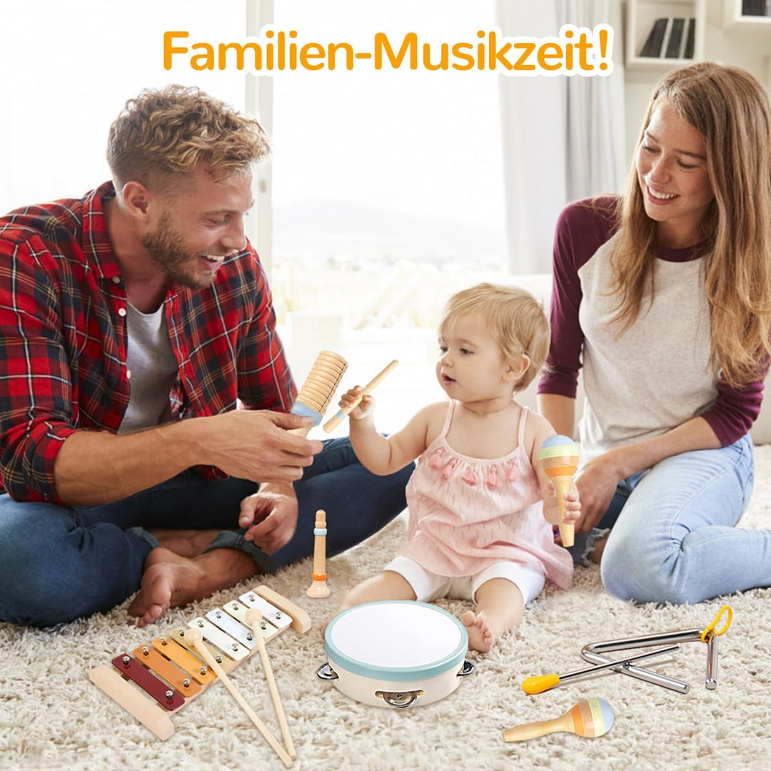 8-in-1 Montessori Musikinstrumente Kinder ab 1 Jahr, Holzspielzeug mit Xylophon, Trommel, Triangel,