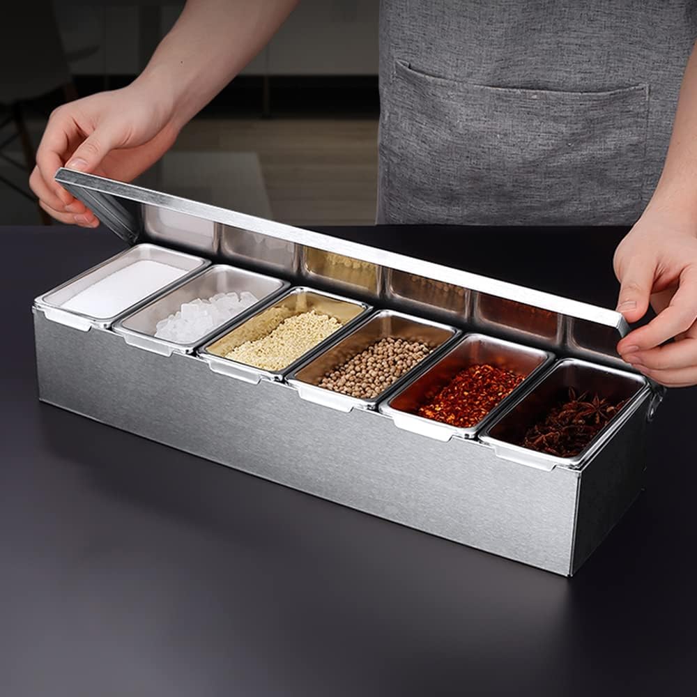 6 FäCher Edelstahl ZutatenbehäLter WüRzbox KüChe Zutatenbox BeilagenbehäLter BarbehäLter GewüRz Eins