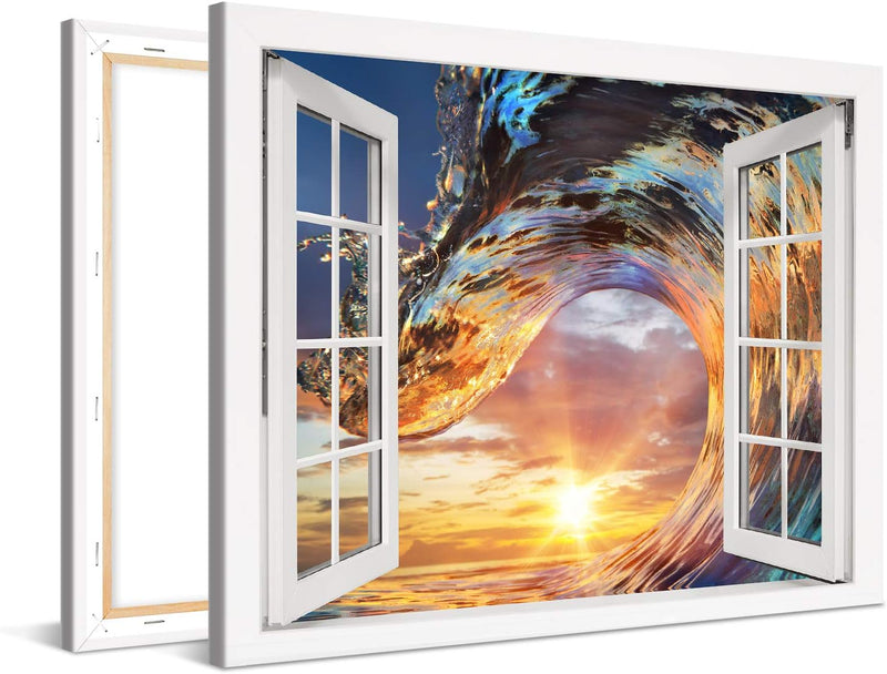 PICANOVA – Bild auf Leinwand Wellen-Sonnenuntergang Fenster 100x75cm – Leinwandbild – Premium Leinwa