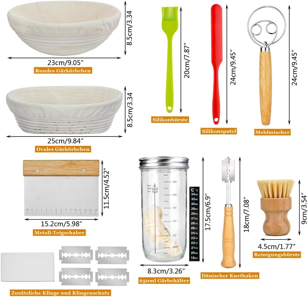 Sauerteig Starter Set mit 2 Gärkörbchen Oval Rund&Brot Backen Zubehör, Gärkorb Brot mit Teigschaber,