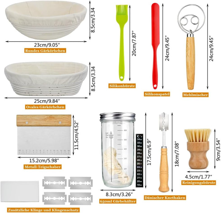 Sauerteig Starter Set mit 2 Gärkörbchen Oval Rund&Brot Backen Zubehör, Gärkorb Brot mit Teigschaber,