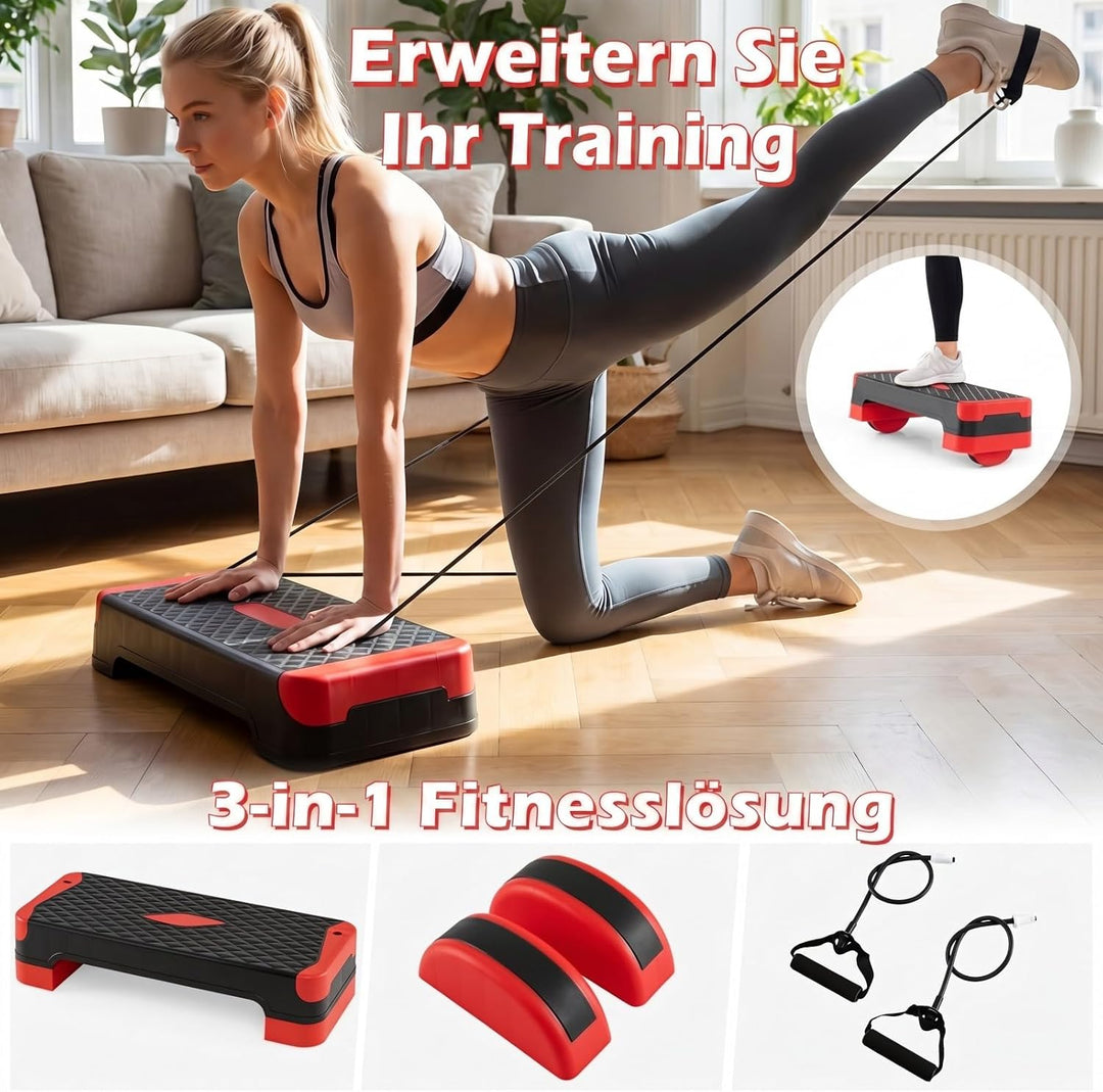 COSTWAY Aerobic Stepper 4 fach höhenverstellbar, 300 kg belastbar | Steppbrett mit Widerstandsbänder