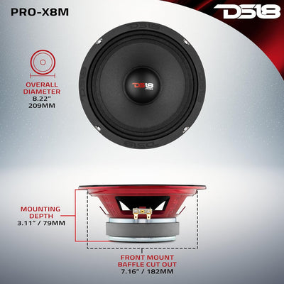 DS18 PRO-X8M Auto-Mitteltöner-Lautsprecher, 20,3 cm (8 Zoll), 550 W, 8 Ohm, Bass-Lautsprecher 20,3 c