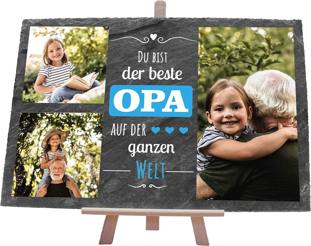 wandmotiv24 Schiefertafel Bester Opa mit Holz-Staffelei, Personalisiert mit 3 Farb-Fotos, Digitaldru