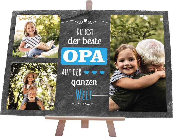 wandmotiv24 Schiefertafel Bester Opa mit Holz-Staffelei, Personalisiert mit 3 Farb-Fotos, Digitaldru