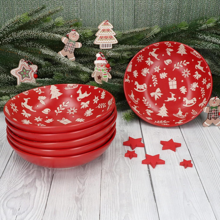 MamboCat 6er Set Advent Suppenteller I 480ml I winterliche Tiefe Teller aus Steingut in Rot mit Weih