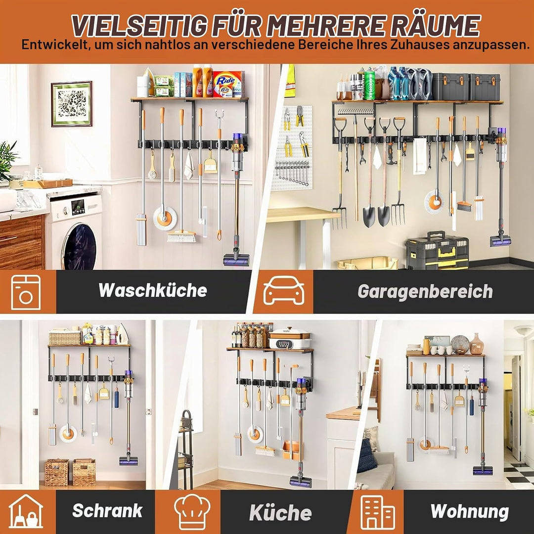 VINCOURNA Besenhalterung Wand, Besenhalter mit 6 Halter und 4 Haken, Wandhalterung Besen mit Regal,
