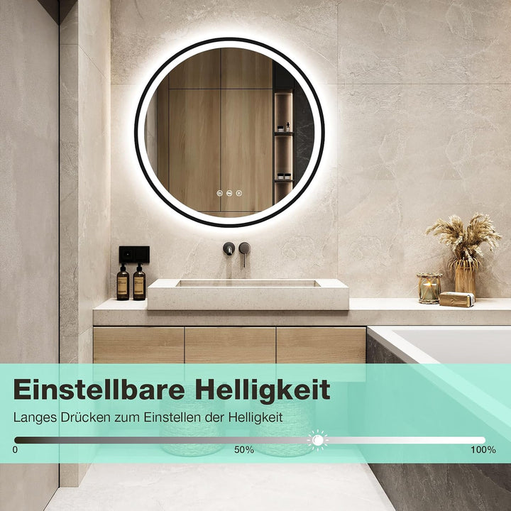 LED Runder Badezimmerspiegel mit Beleuchtung, Antibeschlag, dimmbar, energiesparend, 3 Lichtfarben,
