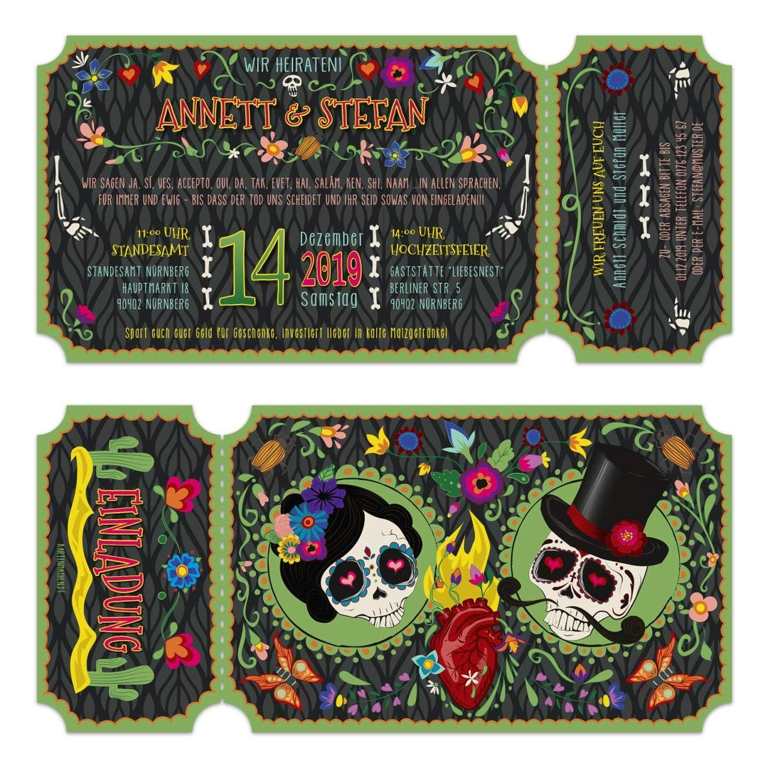 40 x Lasergeschnittene Hochzeitseinladungen DIN Lang individuell - Sugar Skull Ticket, 40