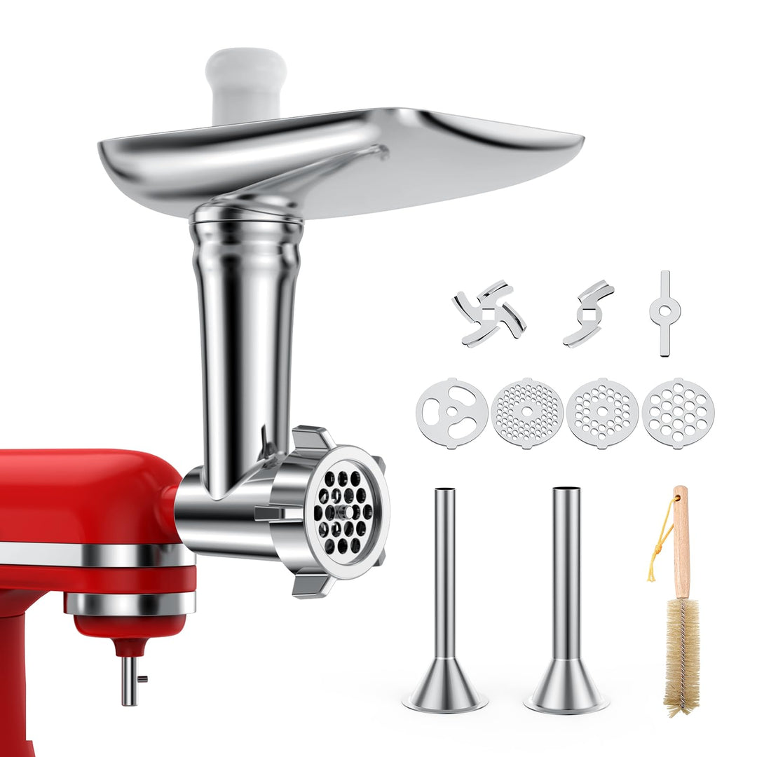 Fleischwolf Aufsatz für KitchenAid Standmixer - Fleischwolf Zubehör mit 4 Mahlscheibe, 2 Wurstfüllhö
