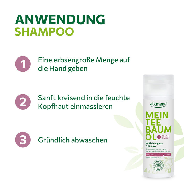 alkmene Mein Teebaumöl Anti Schuppen Shampoo 3x 200 ml - weniger Schuppen in 2 Wochen - Shampoo gege