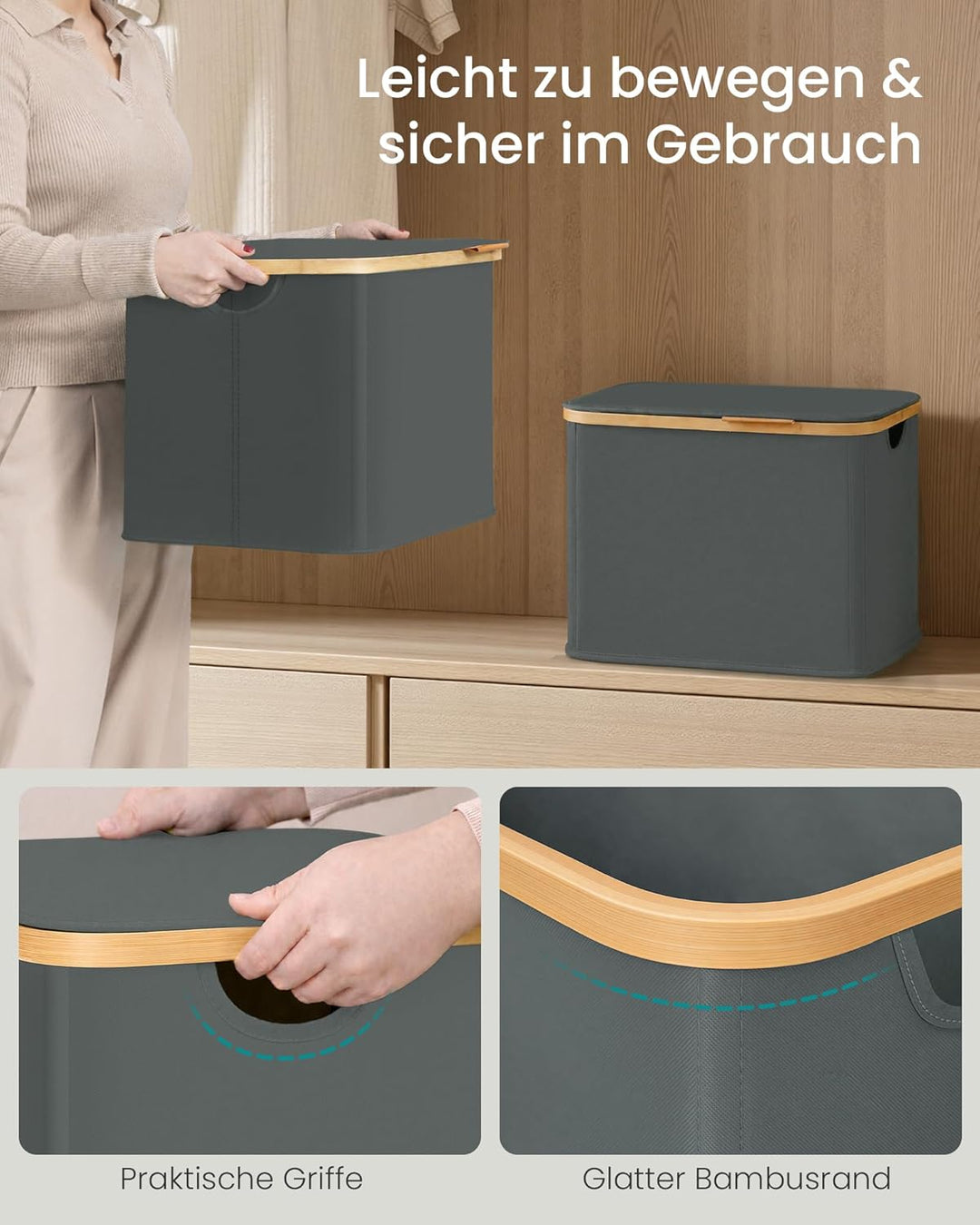 SONGMICS Wäschekorb mit Deckel, Wäschesammler platzsparend, Oxford-Gewebe, zusammenklappbar, Bambusr