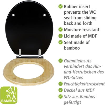 WENKO WC-Sitz Bambusa Black, Easy-Close Absenkautomatik, Ring aus Bambus, Deckel aus MDF, Fix-Clip H