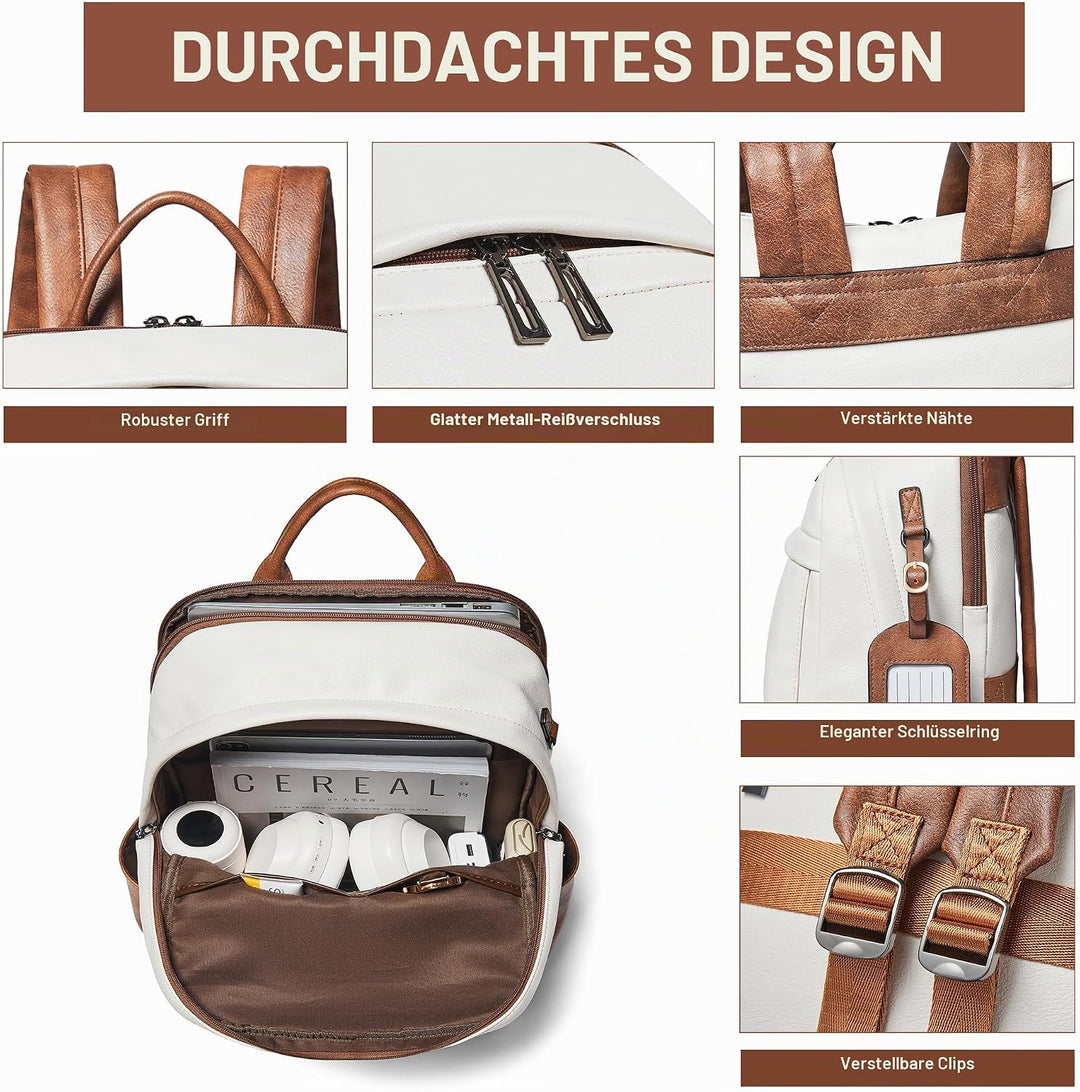Veganer Lederrucksack für Damen und Herren, passend für 16,0 Zoll Laptop, Design mit vielen Fächern,