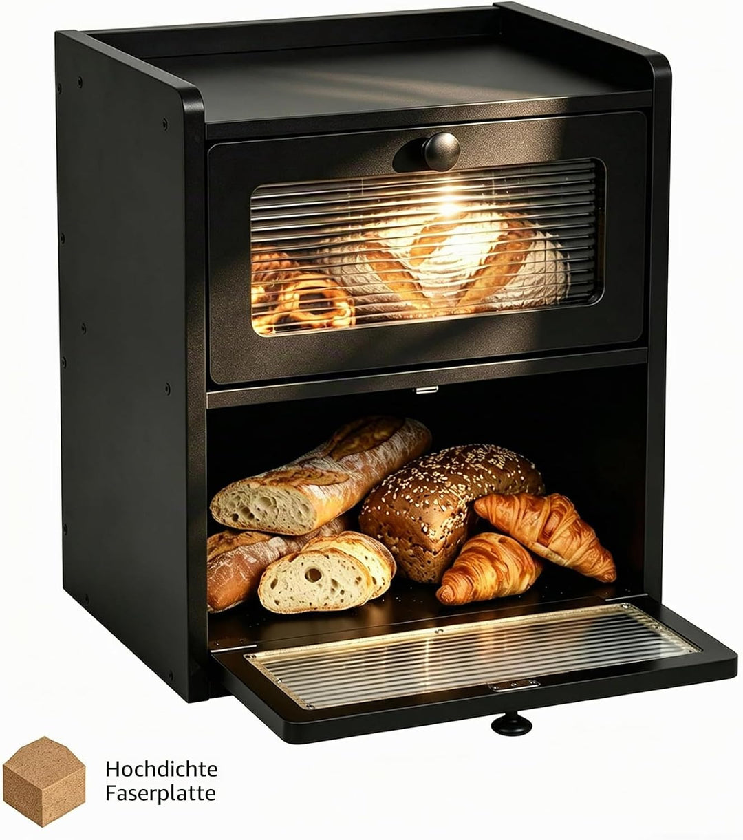 Brotkasten Schwarz 2 Etagen Grosse Brotbox aus Premium Holzwerkstoff (Antimuffa) Moderne Brotaufbewa