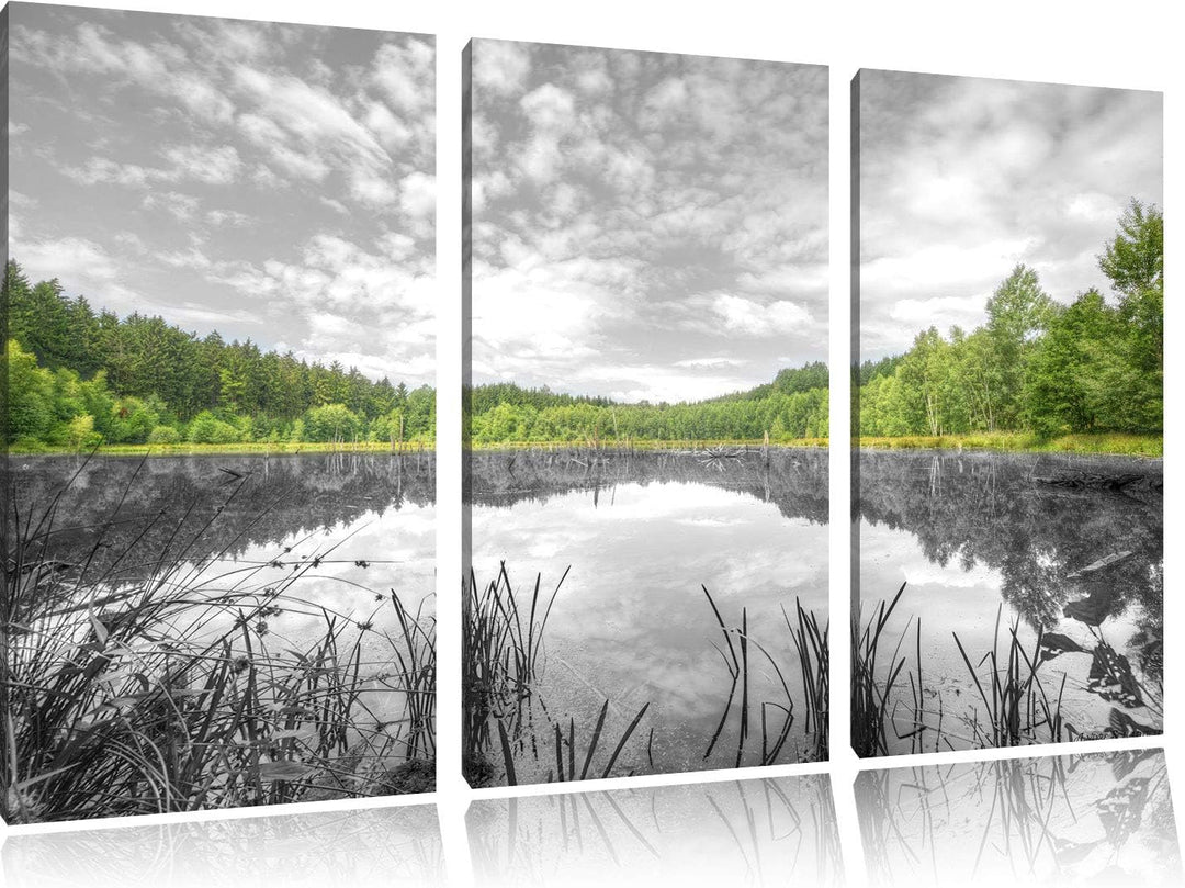 Pixxprint Traumhafter See in grünem Wald als Leinwandbild | Grösse: 3 Teilig (120x80) | Wandbild| Ku