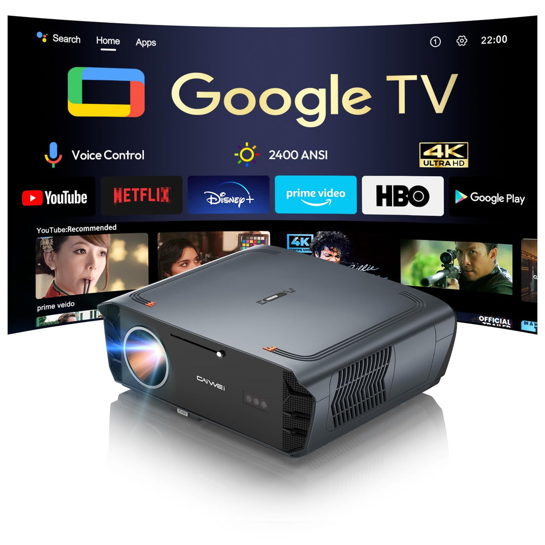 Beamer 4K mit Google TV, 2400 ANSI Tageslicht Beamer 4K Heimkino mit Tof AutoFokus DD+ HDR10+ AI Coo