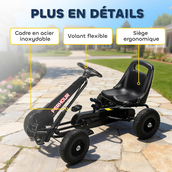 AIYAPLAY Go-Kart Gokart mit Pedalen für Kinder, verstellbarer Sitz, EVA-Reifen, Schwarz | Manuelle K