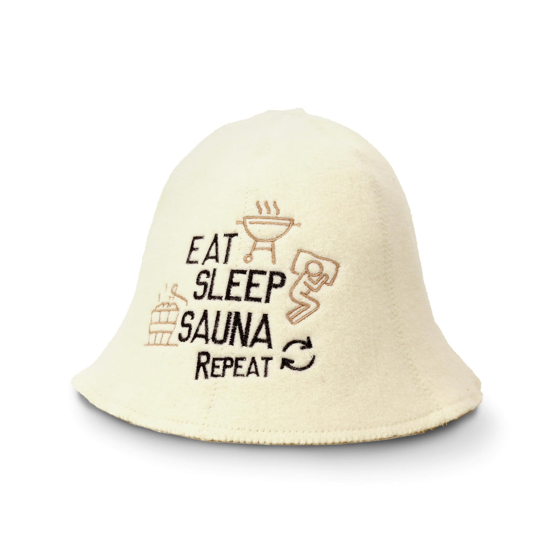Sauna Guru Saunahut 'Eat, Sleep, Sauna, Repeat' White - 100% organische Wollfilzmützen - Schützen Si