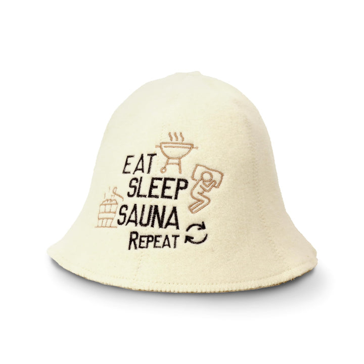 Sauna Guru Saunahut 'Eat, Sleep, Sauna, Repeat' White - 100% organische Wollfilzmützen - Schützen Si