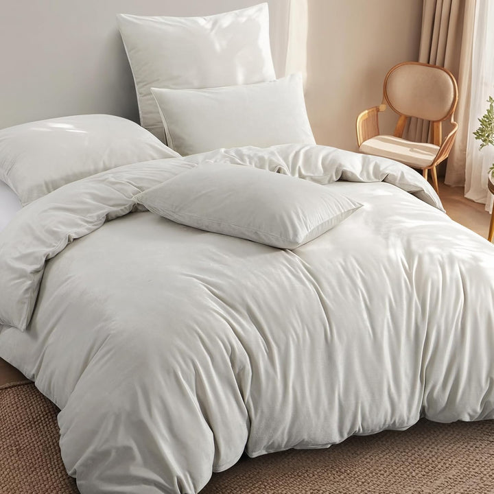 Aisbo Winter Plüsch Bettwäsche 220x240 3teilig Beige - Flanell Flauschige Warme Bettbezug und 2 Kiss