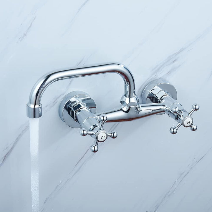 Wasserhahn Wandmontage Messing Zweigriff Nostalgie 180° Drehregler Waschtisch Armatur Kalt und Heiss