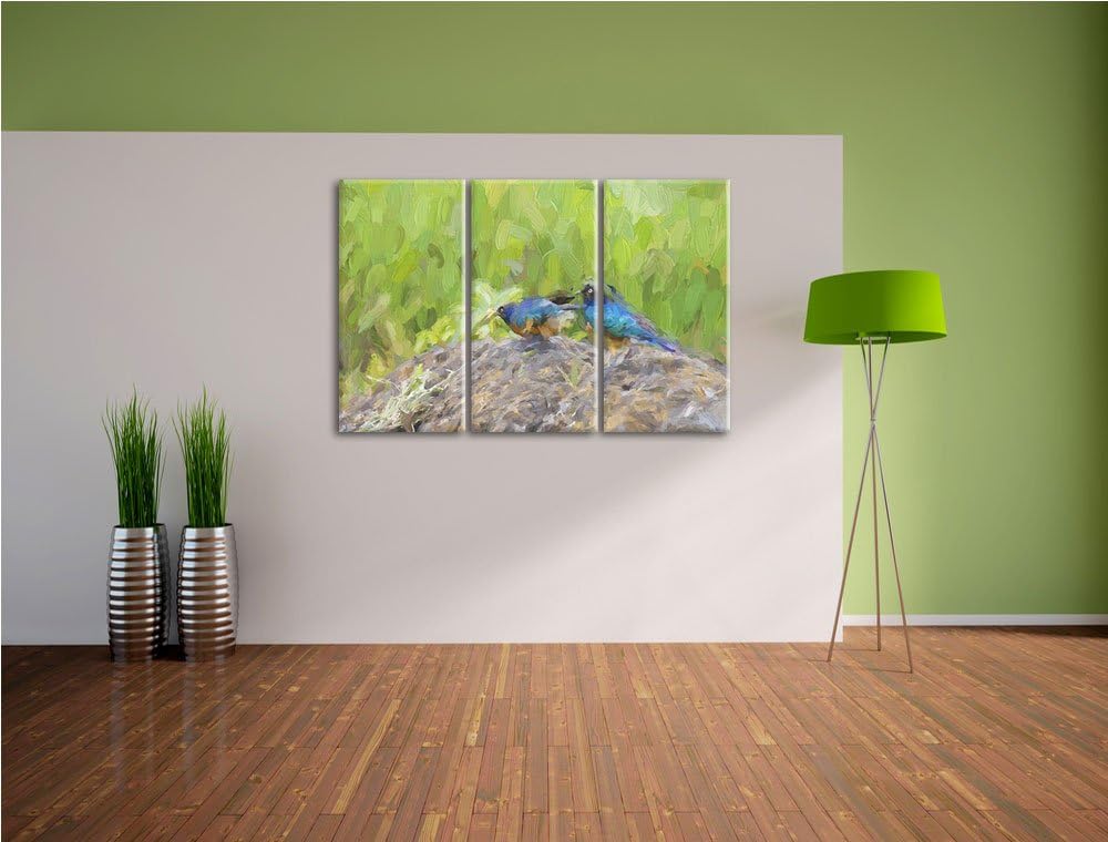 farbenfrohe Dreifarben-Glanzstare auf einem Stein NewArt 3-Teiler Leinwandbild 120x80 Bild auf Leinw